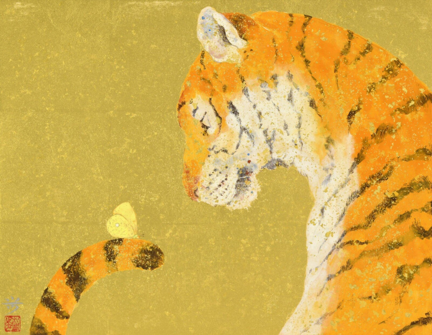 animal, animal_focus, bug, butterfly, commentary_request, damumun, green_background, highres, looking_to_the_side, no_humans, original, simple_background, solo, tiger