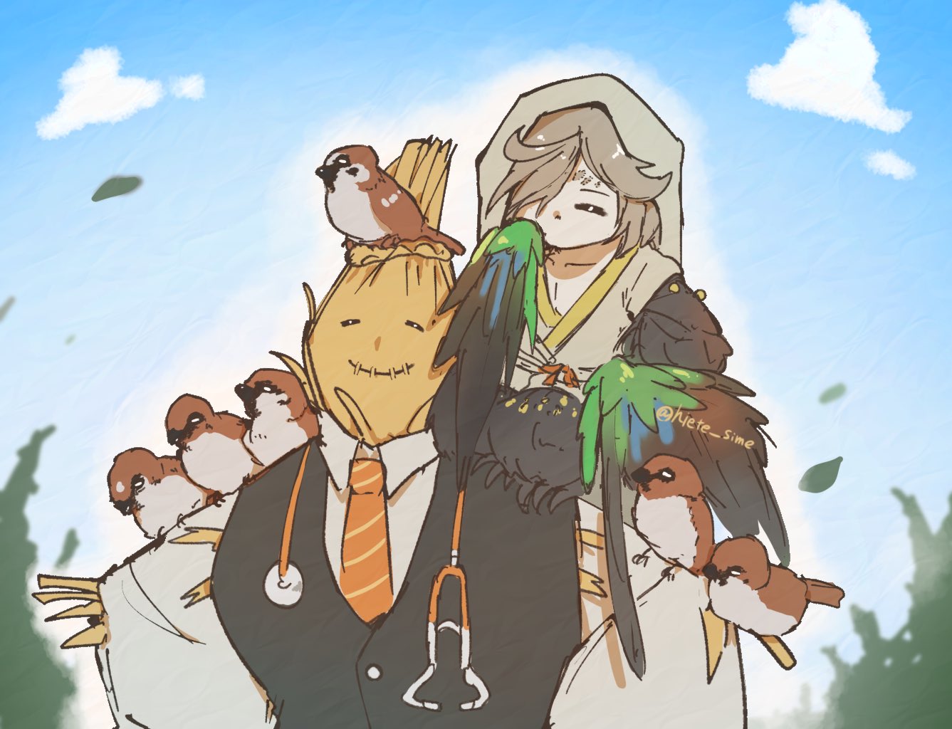 2boys, animal, animal_feet, bird, bird_legs, bird_wings, blue_background, brown_hair