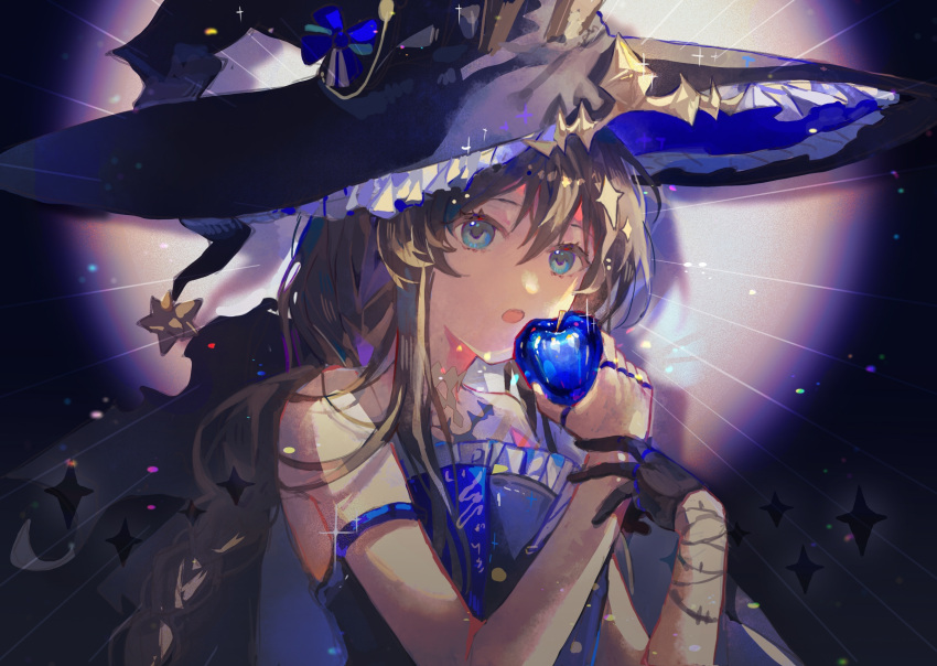 1girl, ambience_synesthesia, amiya_(arknights), apple, arknights, black_gloves, blue_apple, blue_bow