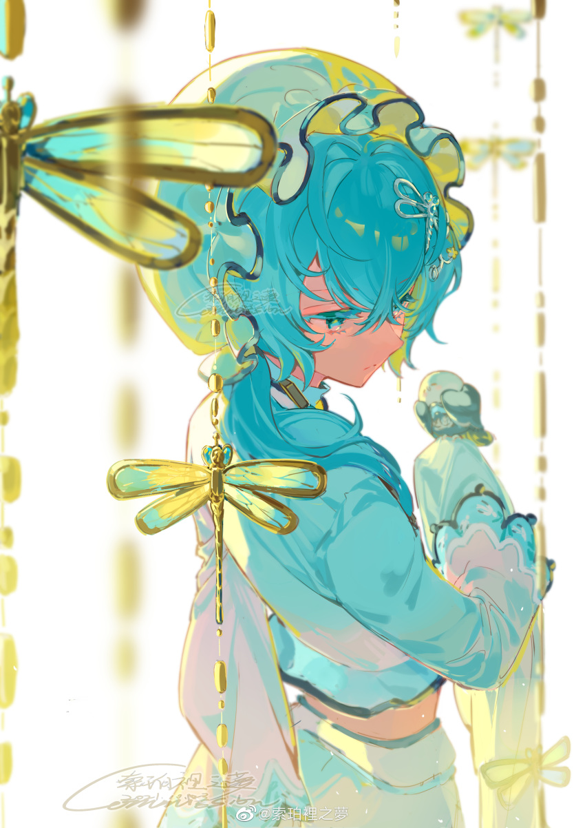 1girl, absurdres, aqua_eyes, aqua_hair, artist_name, closed_mouth, commission, crossed_bangs