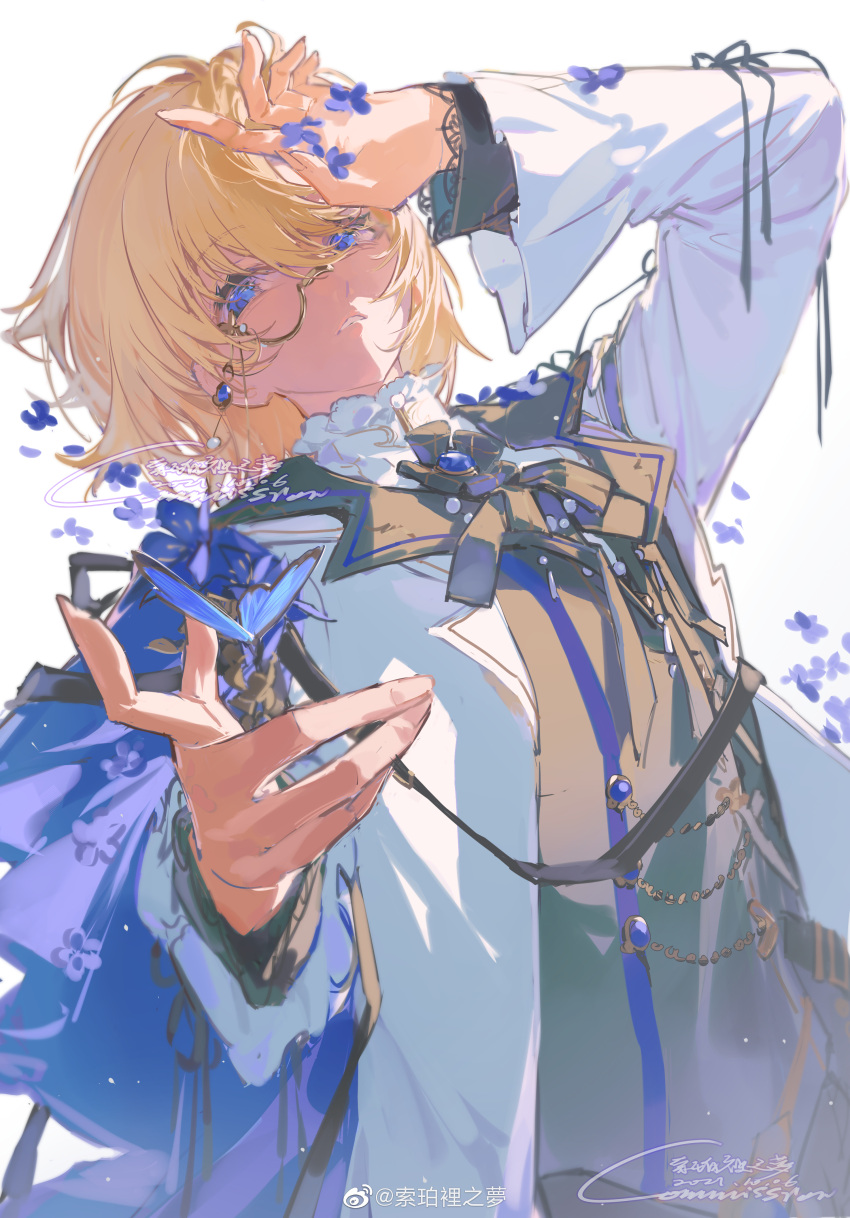 1boy, absurdres, artist_name, blonde_hair, blue_butterfly, blue_eyes, bug, butterfly
