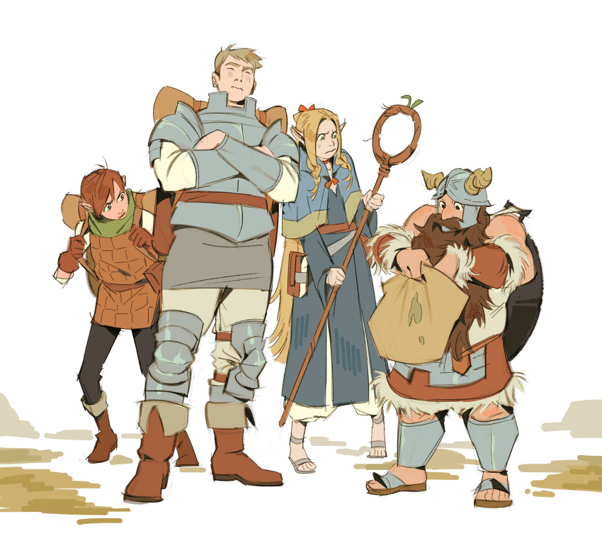 1girl, 3boys, absurdres, armor, backpack, bag, beard, blonde_hair