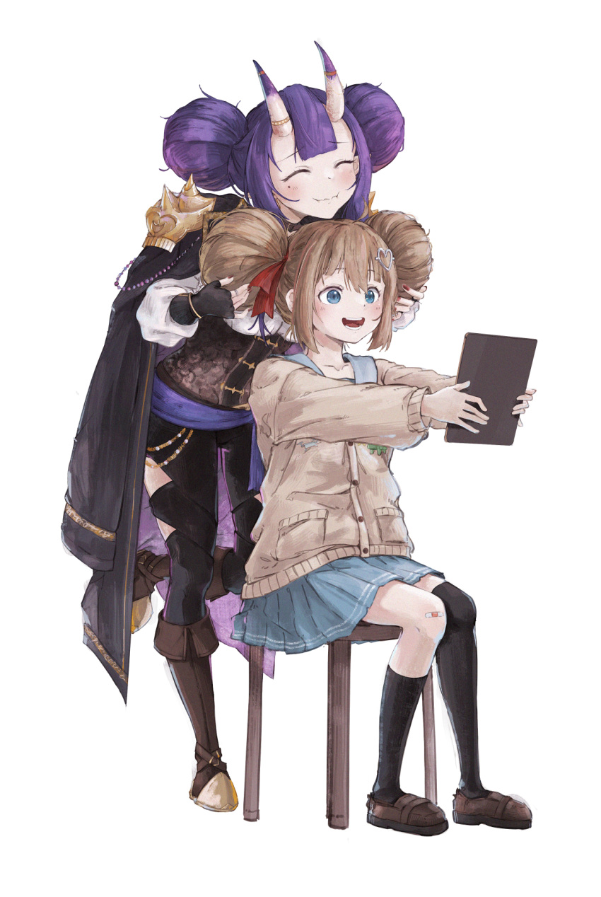 2girls, :d, :i, armor, ascot, asymmetrical_legwear, badge, bandaid