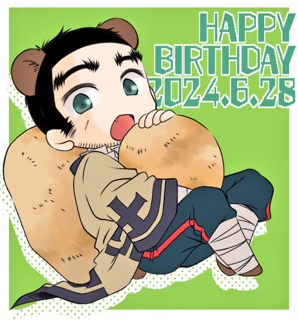 1boy, animal_ears, bear_boy, bear_ears, bear_tail, beard_stubble, black_hair, buzz_cut, dated, deformed, facial_hair, fang, fang_out, golden_kamuy, hakiri05, happy_birthday, kemonomimi_mode, male_focus, medium_sideburns, short_hair, solo, stubble, tail, tanigaki_genjirou, thick_eyebrows, very_short_hair