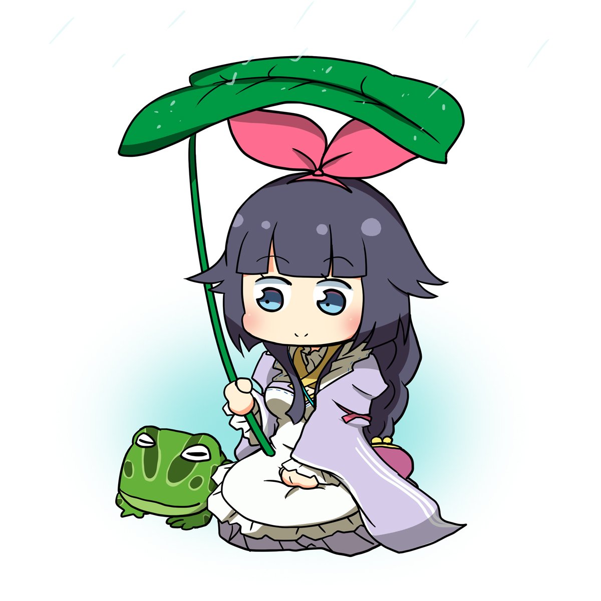 1girl, :>, apron, bag, blue_eyes, blunt_bangs, bow_hairband, chibi