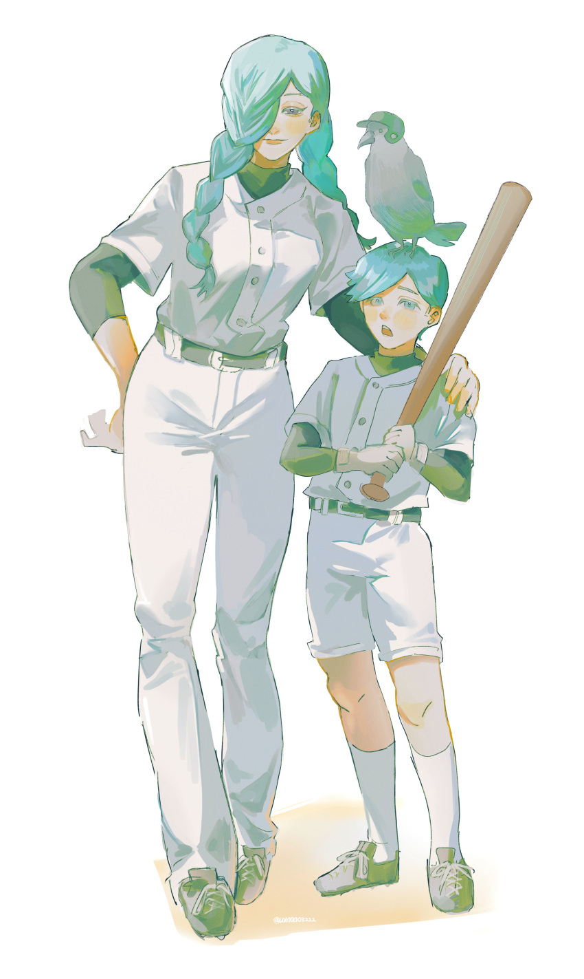 1boy, 1girl, 1other, absurdres, animal_on_head, baseball_bat, baseball_cap, baseball_uniform