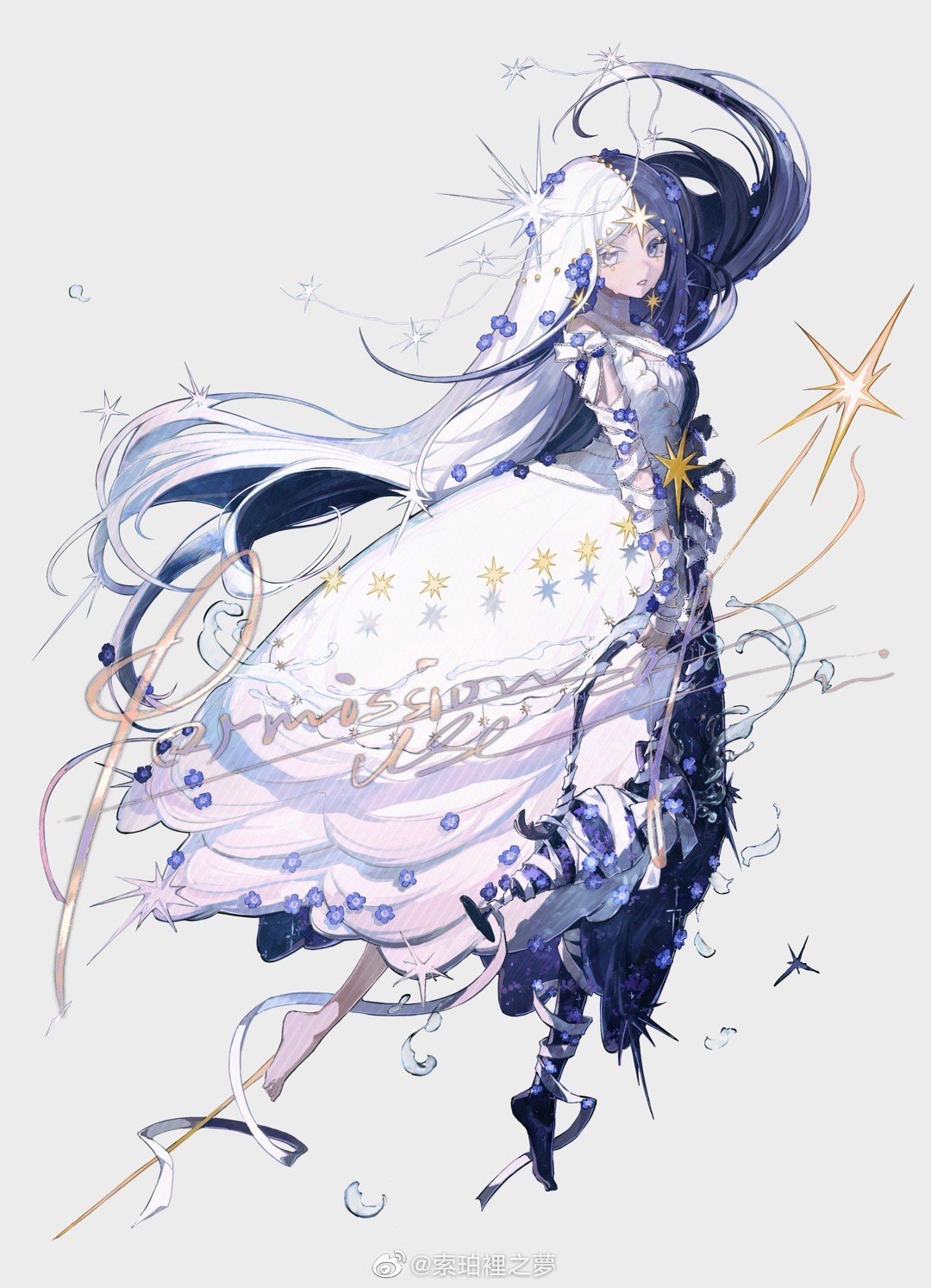 1girl, artist_name, barefoot, black_dress, black_hair, commission, dress, earrings, expressionless, full_body, grey_background, hair_ornament, highres, jewelry, long_hair, looking_at_viewer, multicolored_hair, original, parted_lips, simple_background, solo, soperi's_dream, toes, two-tone_dress, two-tone_hair, weibo_watermark, white_dress, white_hair