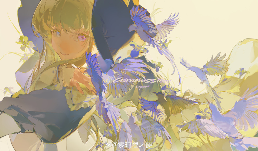 1girl, absurdres, artist_name, bird, black_hat, blue_bird, blue_eyes, closed_mouth, commission, from_side, hat, heterochromia, highres, leaf, light_brown_hair, looking_at_viewer, original, simple_background, smile, solo, soperi's_dream, upper_body, violet_eyes, weibo_watermark, yellow_background