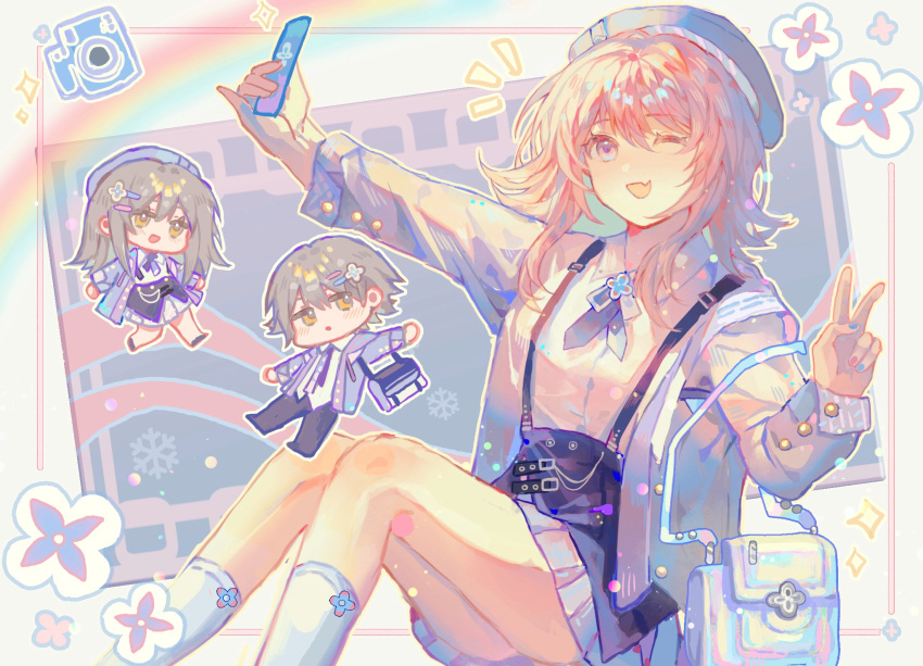 1boy, 2girls, bag, beret, black_footwear, black_pants, caelus_(honkai:_star_rail), camera
