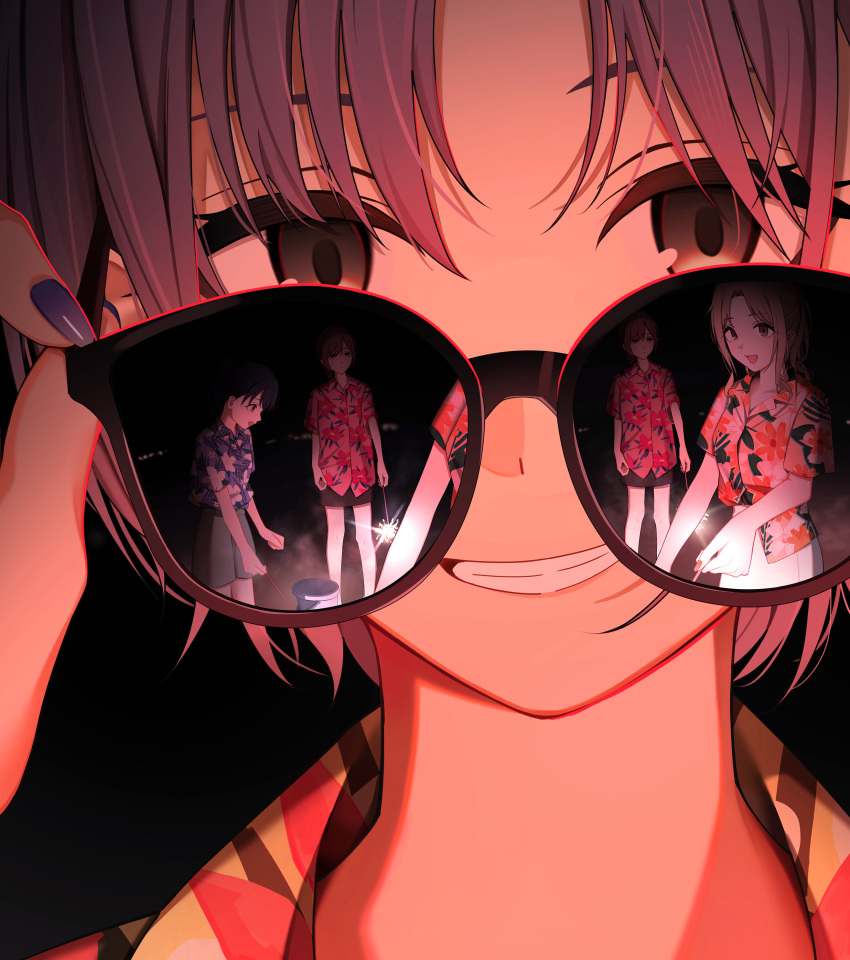 absurdres, asakura_toru, fireworks, fukumaru_koito, hawaiian_shirt, highres, higuchi_madoka, holding, holding_fireworks, ichikawa_hinana, idolmaster, idolmaster_shiny_colors, kyamcya, night, noctchill_(idolmaster), reflection, shirt, shorts, smile, sparkle, sunglasses