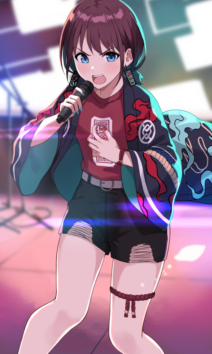 1girl, asato_(fadeless), belt, belt_buckle, black_shorts, blue_eyes, blue_hair, blue_happi, blue_nails, blurry, blurry_background, blush, bracelet, buckle, commentary_request, earrings, girls_band_cry, gradient_hair, highres, holding, holding_microphone, iseri_nina, jewelry, kuuhaku_to_catharsis, leg_ribbon, lens_flare, long_sleeves, low_twintails, microphone, microphone_stand, multicolored_hair, multicolored_nails, nail_polish, open_happi, open_mouth, red_nails, red_ribbon, red_shirt, ribbon, shirt, short_hair, short_twintails, shorts, solo, teeth, thigh_ribbon, twintails, upper_teeth_only, white_belt