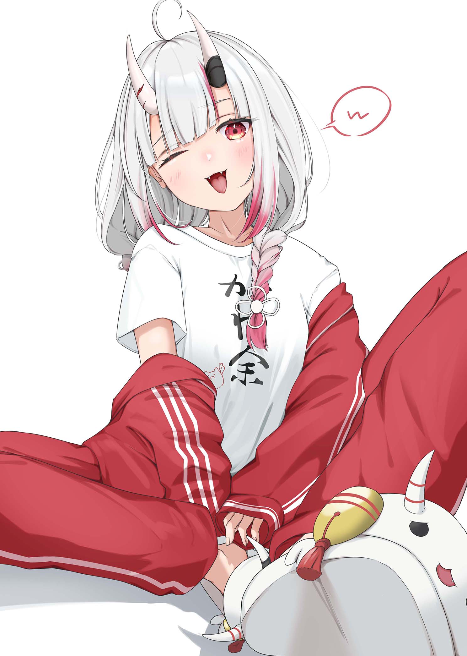 1girl, :d, ahoge, braid, butterfly_sitting, commentary_request, fangs, gradient_hair