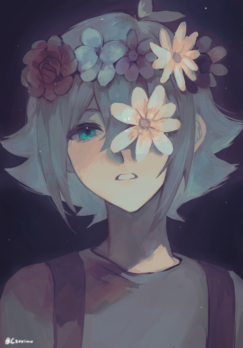 1boy, androgynous, antenna_hair, aqua_eyes, basil_(headspace)_(omori), basil_(omori), blue_flower, blue_hair