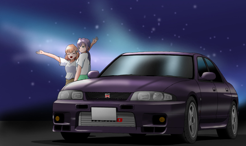 2girls, car, cerise_bouquet, closed_eyes, closed_mouth, commentary_request, green_eyes, highres