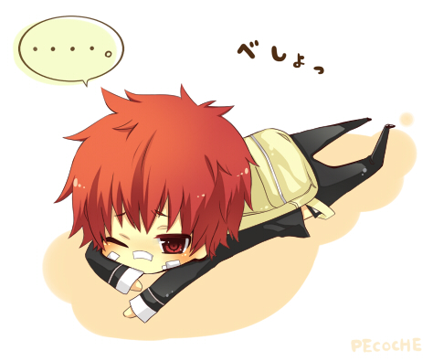 ..., backpack, chibi, katekyo_hitman_reborn, kozato_enma, on_ground, red_eyes, redhead