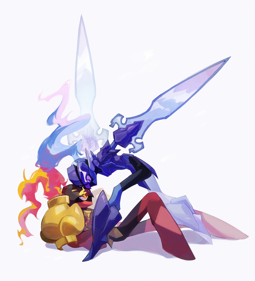 absurdres, arm_blade, armarouge, armor, black_skin, ceruledge, colored_skin, eye_trail, fiery_hair, fire, full_body, highres, legzy, light_trail, multicolored_skin, pokemon, pokemon_(creature), purple_armor, purple_fire, purple_hair, purple_skin, red_eyes, red_skin, redhead, simple_background, sword, two-tone_skin, violet_eyes, weapon, white_background, yellow_armor