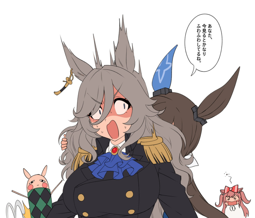 <|>_<|>, 3girls, admire_vega_(umamusume), agnes_digital_(umamusume), animal_ears, ascot, blue_ascot, blush_stickers, bow, commentary, cosplay, ear_covers, ear_ornament, earrings, epaulettes, fukuro_(maruaru00), gem, gintama, goosebumps, hair_between_eyes, hair_bow, highres, horse_ears, horse_girl, jewelry, just_a_way_(racehorse), just_a_way_(racehorse)_(cosplay), justaway, kurofune_(racehorse), light_brown_hair, long_hair, long_sleeves, military_uniform, multiple_girls, naval_uniform, nervous_sweating, pink_hair, red_bow, red_gemstone, shaded_face, sidelocks, sideways_glance, single_ear_cover, single_earring, speech_bubble, sweat, translated, two_side_up, umamusume, umamusume:_beginning_of_a_new_era, uniform, upper_body