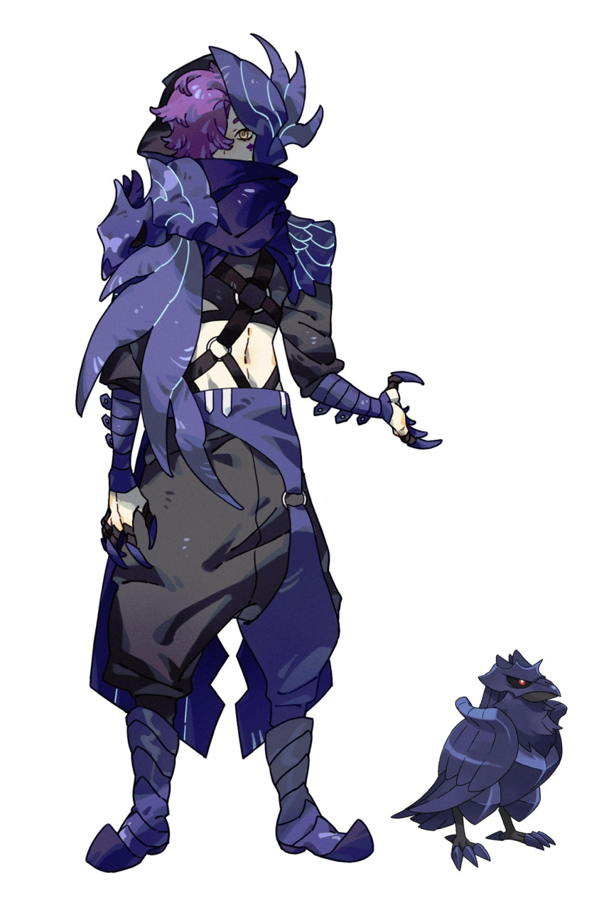 armored_boots, baggy_pants, belt, black_pants, boots, claws, corviknight, crop_top