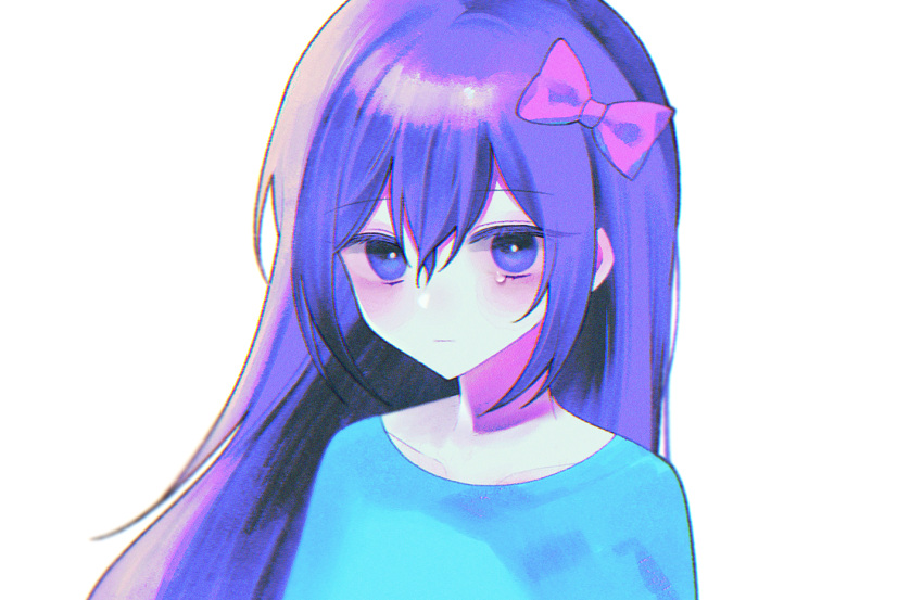 1girl, aqua_shirt, aubrey_(omori), bow, bright_pupils, child, closed_mouth, collarbone, commentary, crossed_bangs, english_commentary, expressionless, fletifer, hair_between_eyes, hair_bow, long_hair, looking_at_viewer, omori, pink_bow, portrait, purple_hair, shirt, sidelocks, simple_background, solo, teardrop, violet_eyes, white_background, white_pupils