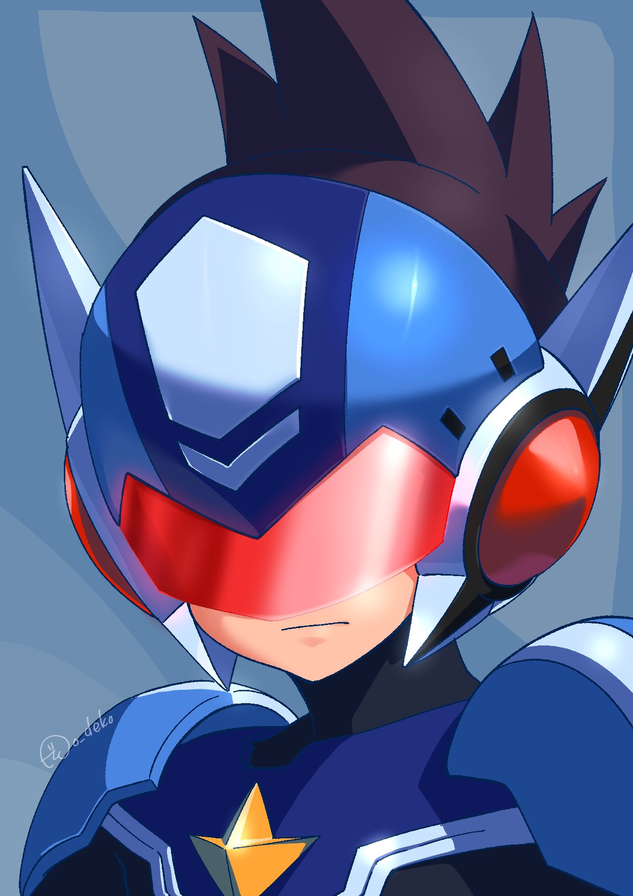 1boy, armor, blue_armor, blue_helmet, brown_hair, close-up, covered_eyes, helmet