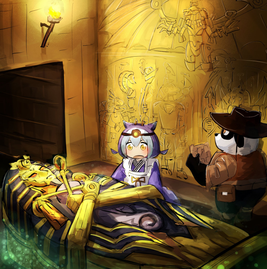 1girl, 1other, coffin, cowboy_hat, dragon_girl, duamutef_blessing_of_horus, duel_monster, hat, hatano_kiyoshi, headlamp, highres, horus_the_black_flame_deity, imsety_glory_of_horus, indoors, king's_sarcophagus, laundry_dragonmaid, maid, mural, panda, pouch, qebehsenuef_protection_of_horus, treasure_panda, wa_maid, walls_of_the_imperial_tomb, yellow_eyes, yu-gi-oh!
