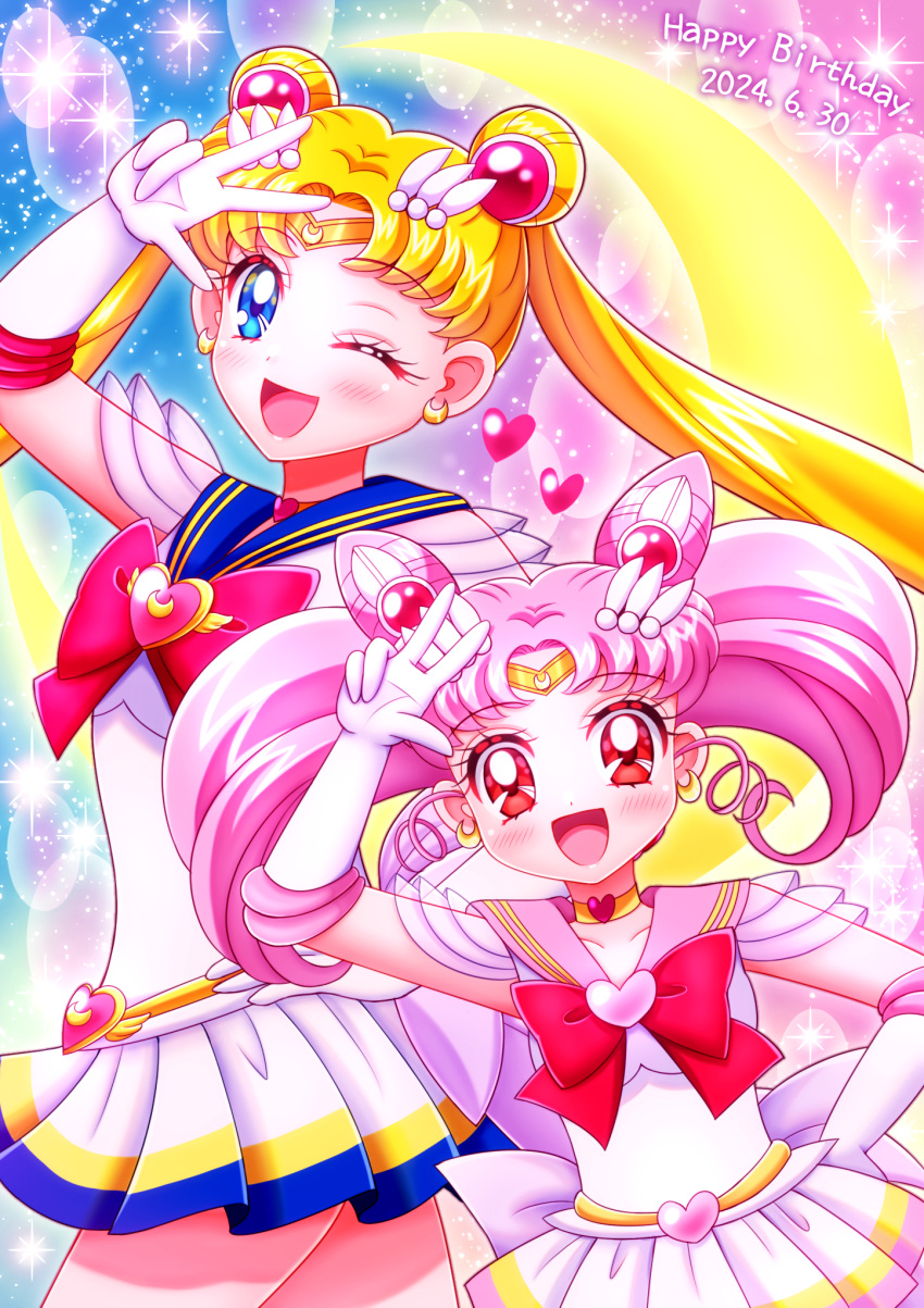 2girls, :d, ;d, birthday, bishoujo_senshi_sailor_moon, blonde_hair, blue_eyes, blue_sailor_collar