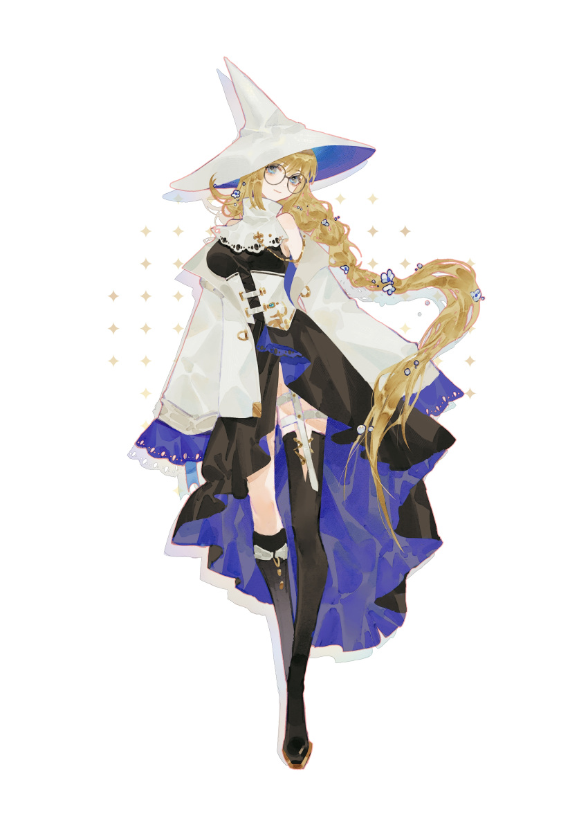 1girl, absurdres, aesc_(rain_witch)_(fate), artist_request, asymmetrical_legwear, blonde_hair, blue_eyes, braid