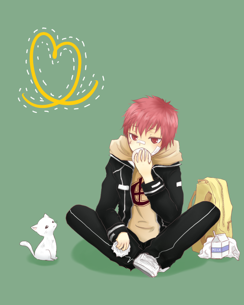 backpack, band_aids, cat, eating, heart, hoodie, katekyo_hitman_reborn, kozato_enma