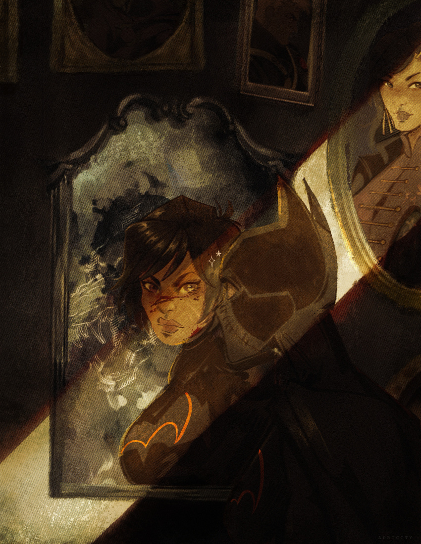 1girl, absurdres, apricity, artist_name, batgirl, batman_(series), black_bodysuit, black_hair, blood, blood_on_face, bodysuit, breasts, brown_eyes, cape, cassandra_cain, david_cain, dc_comics, different_reflection, highres, lady_shiva, mirror, reflection, solo, spoiler_(dc), stephanie_brown
