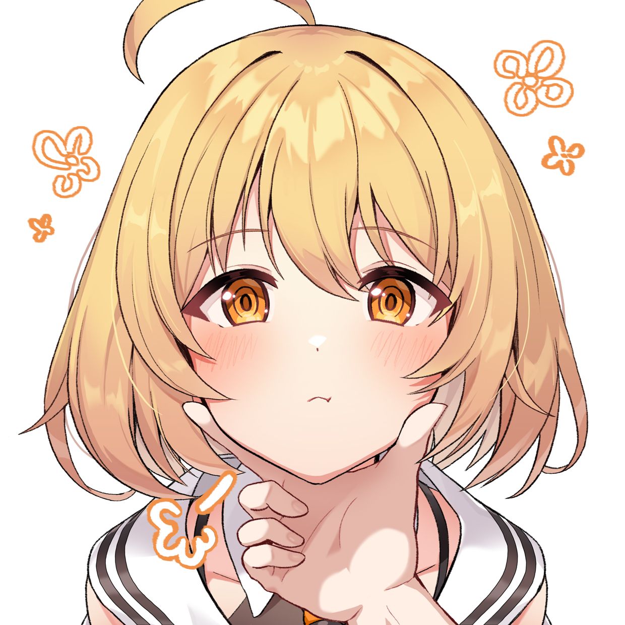 1girl, 1other, :<, :t, ahoge, blonde_hair, blush, collar