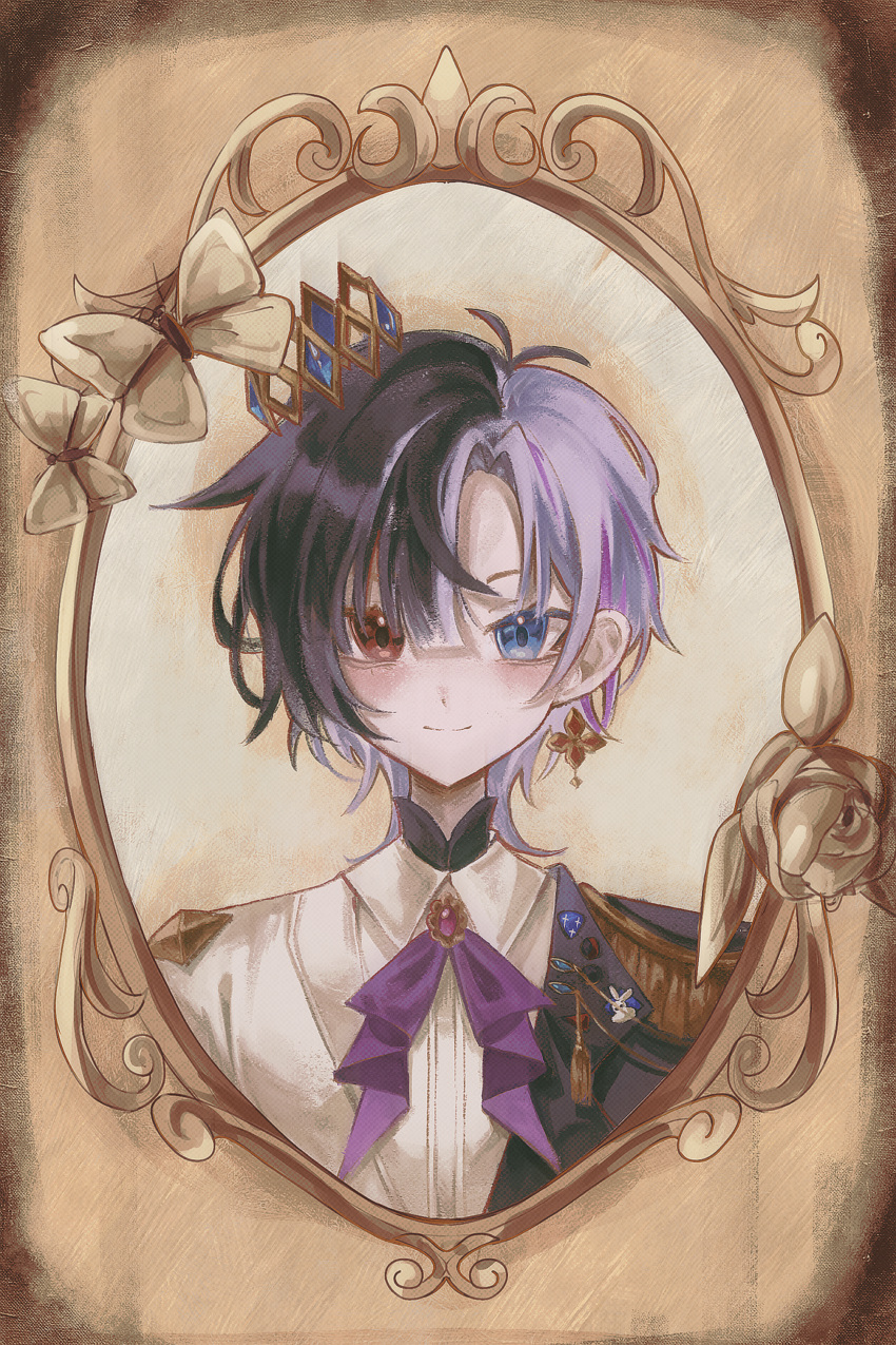 1girl, absurdres, ascot, black_hair, black_shirt, blue_eyes, butterfly_ornament, collared_shirt