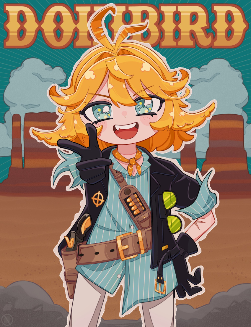 1girl, absurdres, ahoge, aqua_shirt, belt, black_gloves, black_jacket, blonde_hair, blue_eyes, cartridge, character_name, desert, dokibird_(vtuber), dokibird_(vtuber)_(bounty_hunter), fang, gloves, gun, highres, holster, indie_virtual_youtuber, jacket, looking_at_viewer, medium_hair, neckerchief, notgrease, open_clothes, open_jacket, open_mouth, orange_neckerchief, outdoors, pants, shirt, smile, solo, standing, sunglasses, untucked_shirt, virtual_youtuber, weapon, white_pants