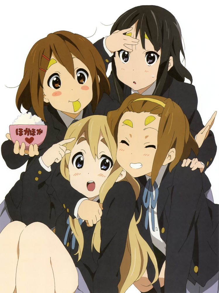 black_hair, blonde_hair, blue_eyes, blush, blush_stickers, bowl, brown_eyes, brown_hair