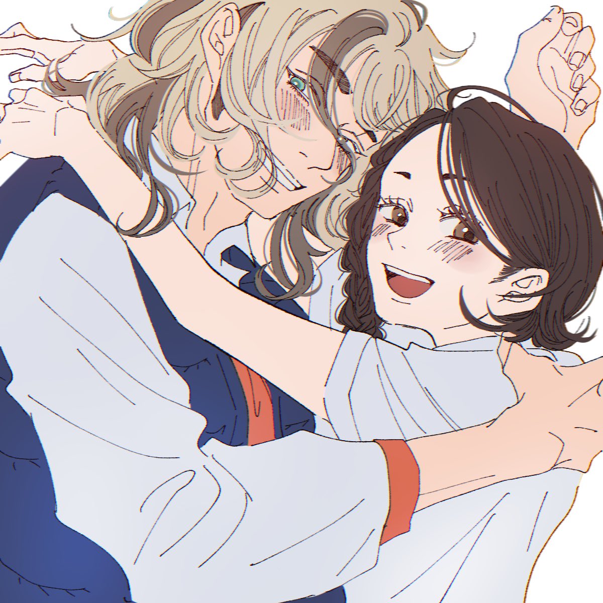 1boy, 1girl, arms_around_neck, arven_(pokemon), blonde_hair, blue_eyes, blue_vest, blush, braid, brown_eyes, brown_hair, collared_shirt, conniepkmn, couple, grin, highres, juliana_(pokemon), long_hair, long_sleeves, looking_at_viewer, multicolored_hair, naranja_academy_school_uniform, necktie, open_clothes, open_mouth, open_vest, orange_necktie, orange_sleeve_cuffs, pokemon, pokemon_sv, school_uniform, shirt, short_sleeves, side_braid, sidelocks, single_braid, sleeve_cuffs, smile, teeth, two-tone_hair, vest