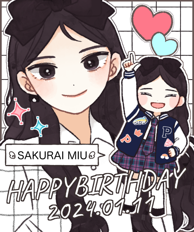 1girl, ^_^, animification, artist_name, black_bow, black_eyes, blending, blush, bow, character_name, closed_eyes, dated, grid_background, hair_bow, happy_birthday, heart, logo, looking_at_viewer, me:i, multiple_views, necktie, parted_bangs, plaid_clothes, plaid_necktie, plaid_skirt, pointing, pointing_up, produce_101, produce_101_japan:_the_girls, purple_necktie, purple_skirt, real_life, shirokuma_shio, shirt, skirt, smile, sparkle, white_shirt
