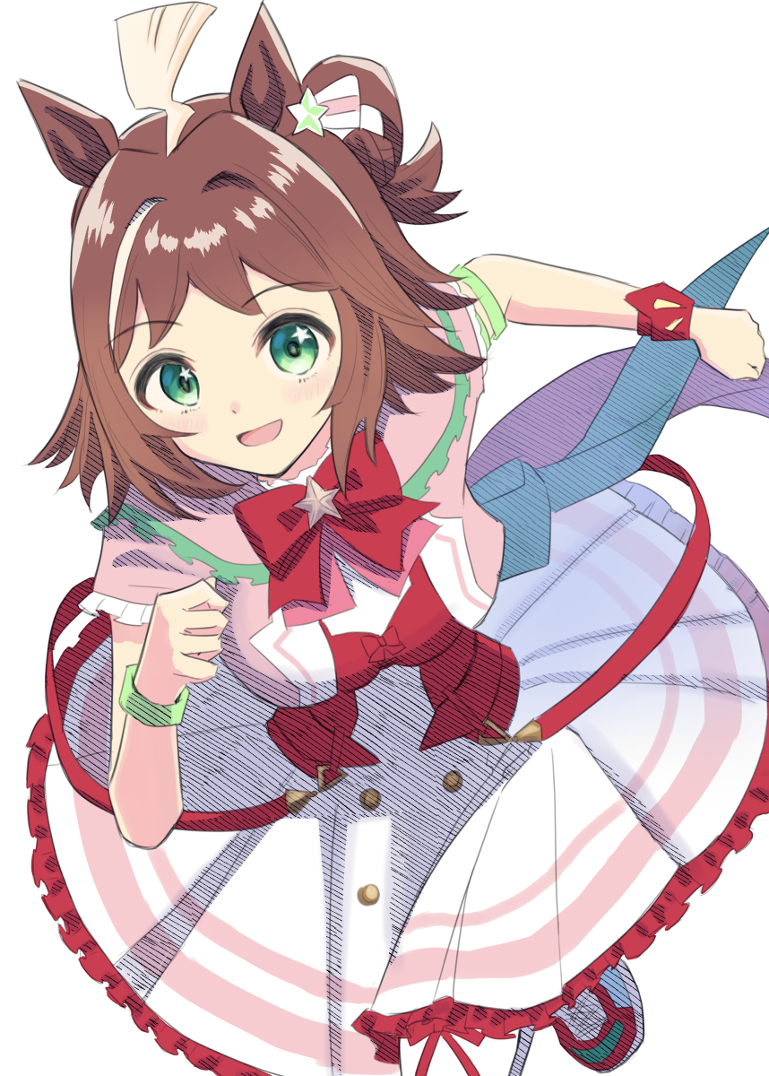 1girl, ahoge, animal_ears, blush, breasts, brown_hair, clenched_hands, commentary_request