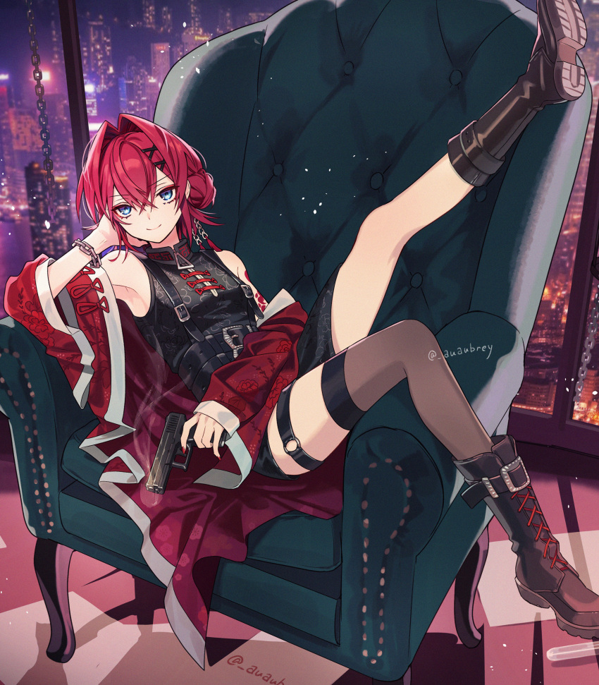 absurdres, ange_katrina, ange_katrina_(7th_costume), arm_tattoo, armchair, armpits, asymmetrical_legwear, belt