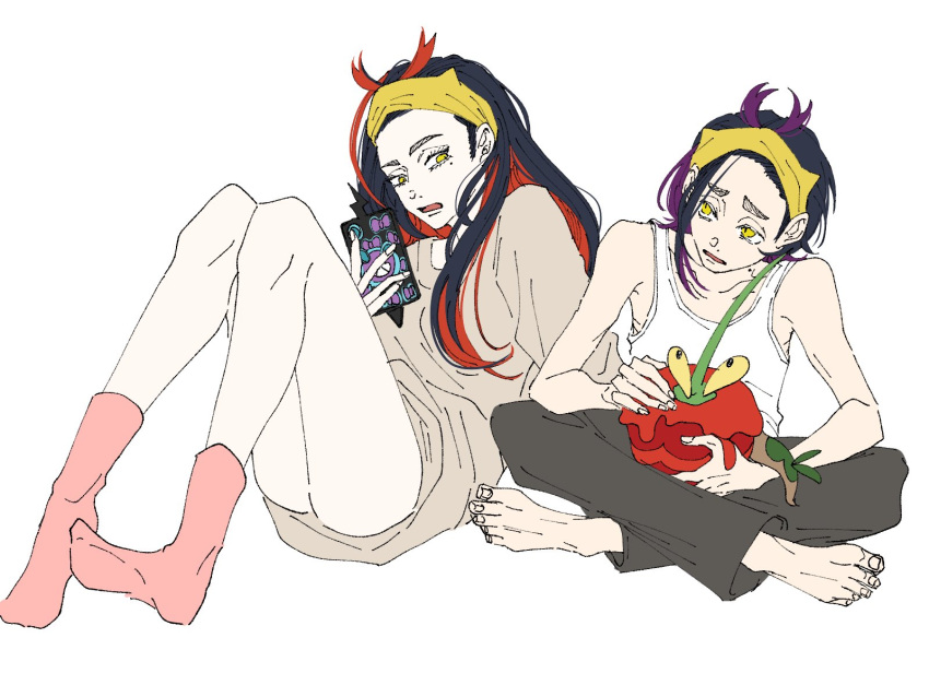 1boy, 1girl, alternate_costume, ankle_socks, apple, bangs_pinned_back, barefoot, black_hair, black_pants, brother_and_sister, candy_apple, carmine_(pokemon), casual, cellphone, colored_inner_hair, colored_sclera, conniepkmn, dipplin, eyelashes, feet, food, fruit, green_horns, hairband, highres, holding, holding_phone, holding_pokemon, horns, kieran_(pokemon), knees_up, long_hair, looking_at_another, looking_to_the_side, looking_up, lotus_position, mole, mole_on_neck, mole_under_eye, multicolored_hair, on_lap, open_mouth, oversized_clothes, oversized_shirt, pale_skin, pants, phone, pink_socks, pokemon, pokemon_(creature), pokemon_on_lap, pokemon_sv, purple_hair, redhead, rotom, rotom_phone, shirt, short_hair, siblings, single_horn, sitting, sleeveless, smartphone, socks, stalk_eyes, tail, tank_top, two-tone_hair, white_tank_top, yellow_eyes, yellow_hairband, yellow_sclera