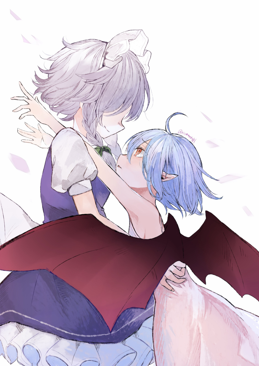 2girls, absurdres, ahoge, bat_wings, blue_dress, blue_hair, braid, closed_mouth