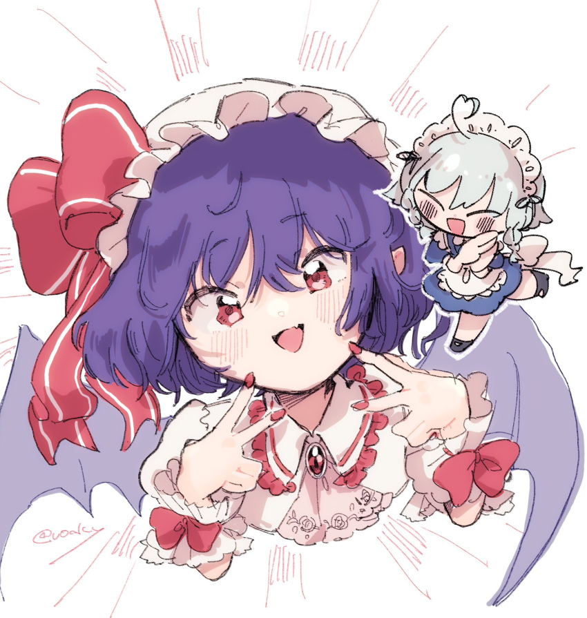 2girls, :d, ^_^, apron, bat_wings, blue_hair, blush, bow, braid, brooch, chibi, closed_eyes, collared_shirt, fang, frilled_shirt, frilled_shirt_collar, frills, grey_hair, hair_between_eyes, hat, hat_ribbon, highres, izayoi_sakuya, jewelry, maid, maid_headdress, mob_cap, multiple_girls, open_mouth, pink_hair, pink_shirt, puffy_short_sleeves, puffy_sleeves, red_bow, red_eyes, red_nails, red_ribbon, remilia_day, remilia_scarlet, ribbon, shirt, short_hair, short_sleeves, simple_background, smile, touhou, twin_braids, v, voal, waist_apron, white_background, white_hair, wings, wrist_bow, wrist_cuffs