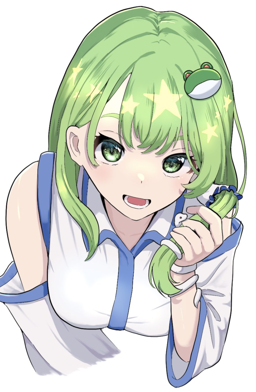 1girl, bare_shoulders, breasts, detached_sleeves, frog_hair_ornament, green_eyes, hair_ornament, hand_in_own_hair, hashtag-only_commentary, highres, kochiya_sanae, kulukulu3333, large_breasts, looking_at_viewer, open_mouth, simple_background, snake_hair_ornament, solo, star_(symbol), touhou, upper_body, white_background
