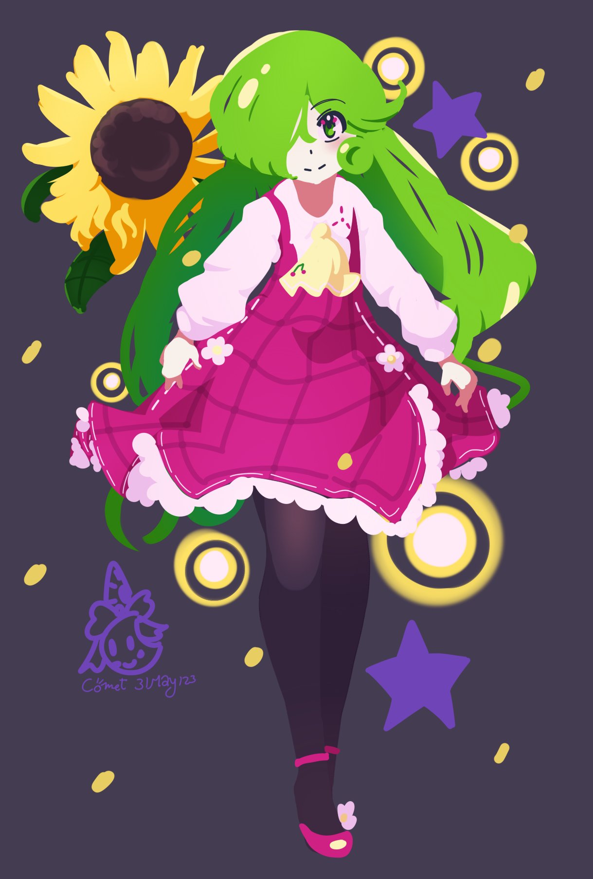 1girl, ascot, black_background, closed_mouth, comet_summoner98, flower, full_body, green_eyes, green_hair, hair_over_one_eye, highres, kazami_yuuka, kazami_yuuka_(pc-98), long_hair, looking_at_viewer, pantyhose, plaid_clothes, plaid_skirt, red_footwear, red_skirt, simple_background, skirt, smile, solo, star_(symbol), sunflower, touhou, touhou_(pc-98), yellow_ascot