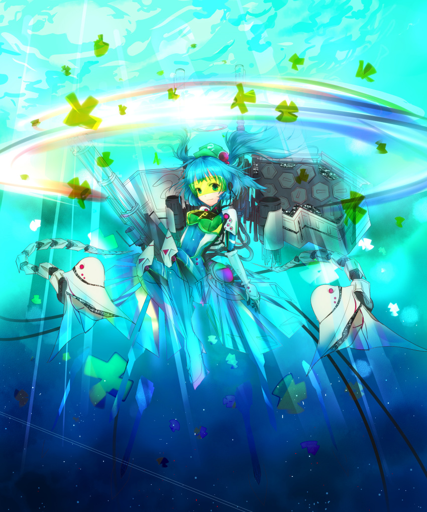 absurdres, blue_eyes, bodysuit, chain_gun, hair_bobbles, hair_ornament, hat, highres, kawashiro_nitori, keeki, machine, mecha, short_hair, smile, solo, touhou, twintails, underwater, weapon