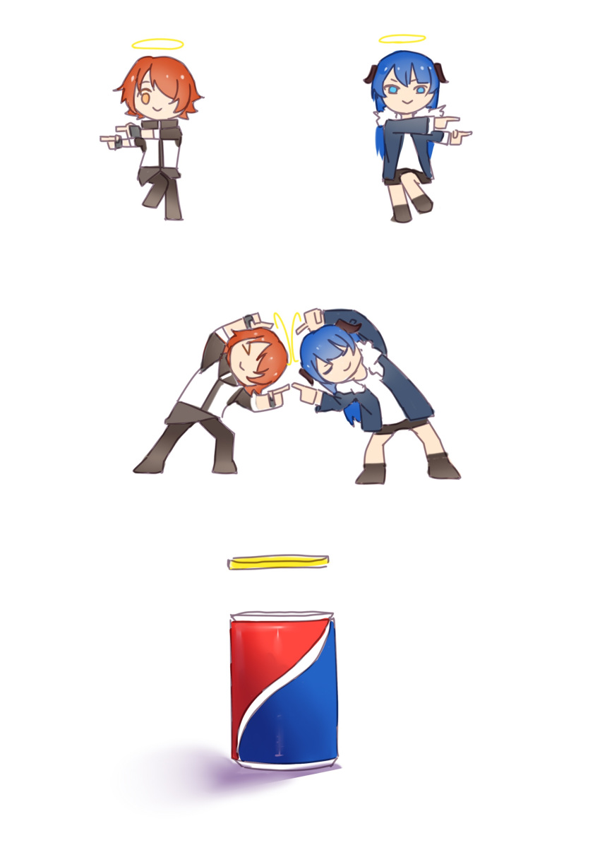 >_<, 2girls, absurdres, aling539, arknights, black_jacket, black_pantyhose, black_skirt, blue_eyes, blue_hair, brown_horns, c:, can, chinese_commentary, closed_eyes, closed_mouth, commentary_request, drink, drink_can, exusiai_(arknights), facing_viewer, fur-trimmed_jacket, fur_trim, fusion_dance, halo, highres, horns, jacket, leaning, leaning_to_the_side, leg_up, long_hair, long_sleeves, looking_at_viewer, mostima_(arknights), multiple_girls, open_clothes, open_jacket, orange_eyes, outstretched_arms, pantyhose, pepsi, pointing, redhead, shirt, short_hair, short_sleeves, simple_background, skirt, smile, standing, standing_on_one_leg, vest, white_background, white_shirt, white_vest, yellow_halo