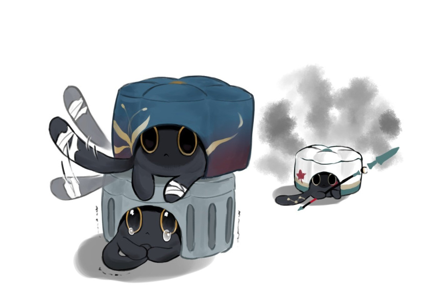 3boys, angry, animal, animalization, bandages, black_fur, blade_(honkai:_star_rail), blade_(sesame_cake)_(honkai:_star_rail), caelus_(honkai:_star_rail), cat, cat_tail, closed_mouth, constellation_print, critter_pick_(honkai:_star_rail), crying, crying_with_eyes_open, dan_heng_(honkai:_star_rail), dan_heng_(rice_dumpling)_(honkai:_star_rail), holding, holding_polearm, holding_weapon, honkai:_star_rail, honkai_(series), leaf_print, looking_at_another, maple_leaf_print, multiple_boys, obore_tani, polearm, sad, simple_background, spear, tail, tears, trailblazer_(honkai:_star_rail), trailblazer_(trash_cake)_(honkai:_star_rail), weapon, white_background, yellow_eyes