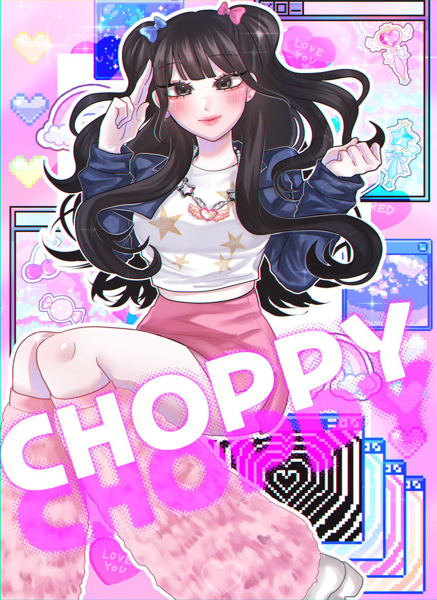 1girl, absurdres, animification, black_eyes, black_hair, blue_bow, blue_jacket, blush