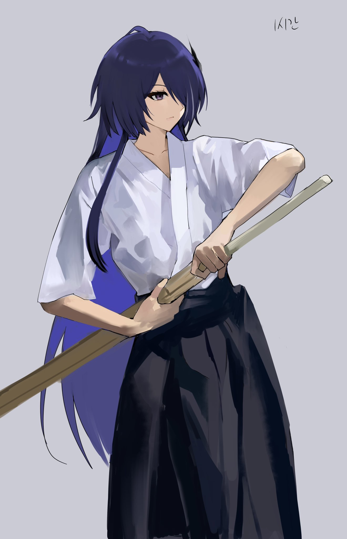 1girl, acheron_(honkai:_star_rail), alternate_costume, artist_name, collarbone, hair_over_one_eye, hakama, highres, holding, holding_sword, holding_weapon, honkai:_star_rail, honkai_(series), hsk10107, japanese_clothes, kendo, long_hair, multicolored_hair, purple_hair, shinai, simple_background, solo, streaked_hair, sword, violet_eyes, weapon, white_hakama