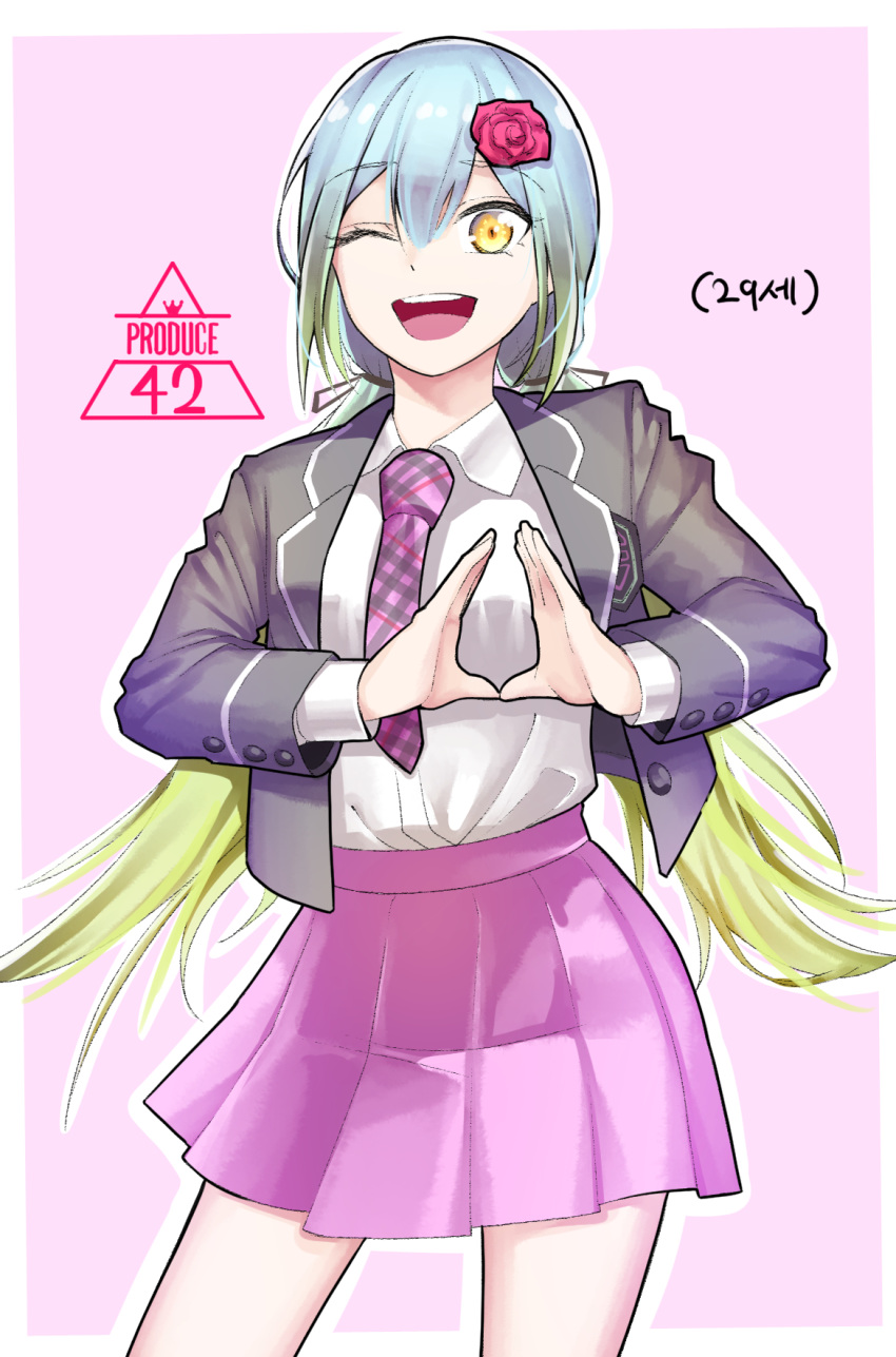 1girl, black_jacket, blonde_hair, blue_hair, border, collared_shirt, flower, gyeon_jahee