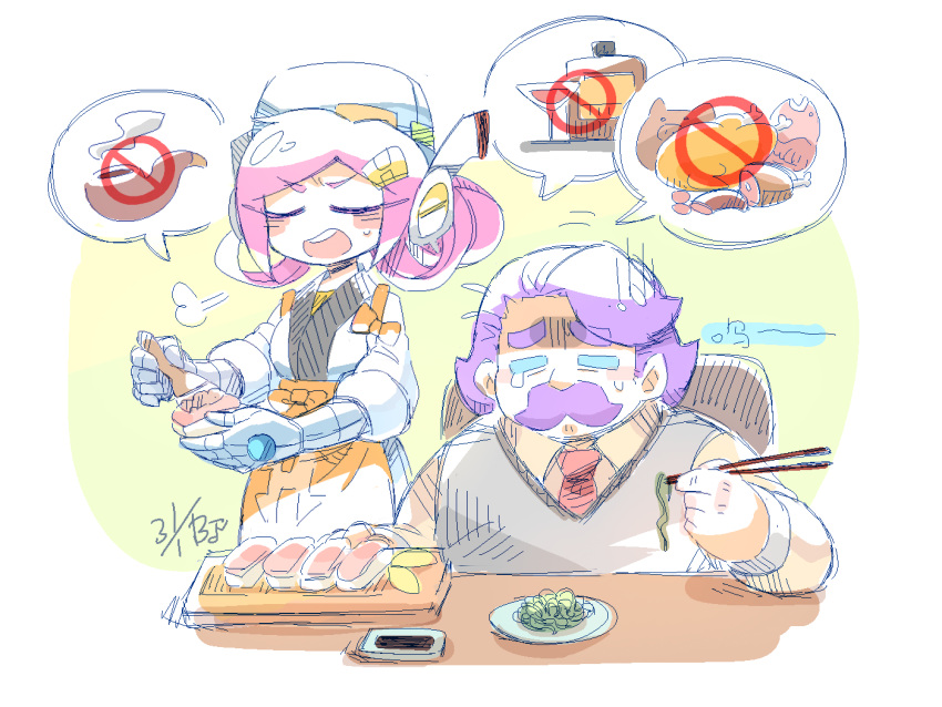 1boy, 1girl, alcohol, annoyed, apron, arm_on_table, beco_(100me), blush_stickers