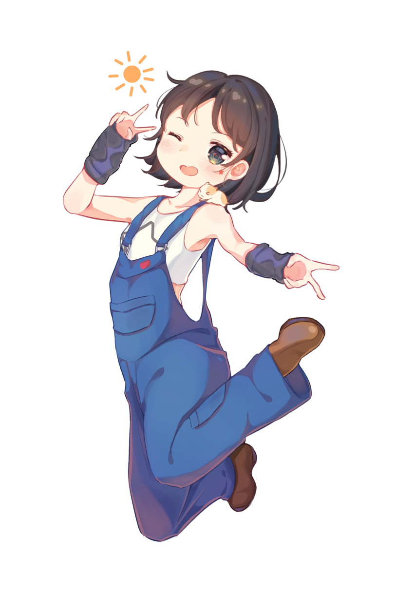 1girl, animification, black_hair, blue_overalls, brown_footwear, collarbone, cropped_shirt, double_v